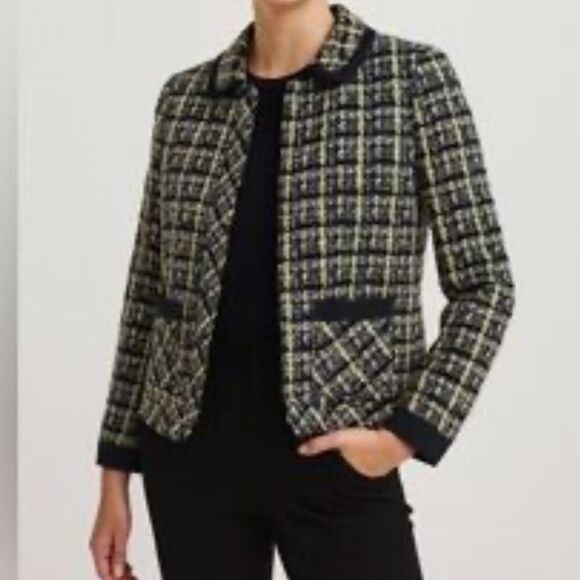 Ann Taylor Tweed Blazer Jacket Blue Green Cream Plaid Zip Front Collared 12 EUC - Picture 2 of 15